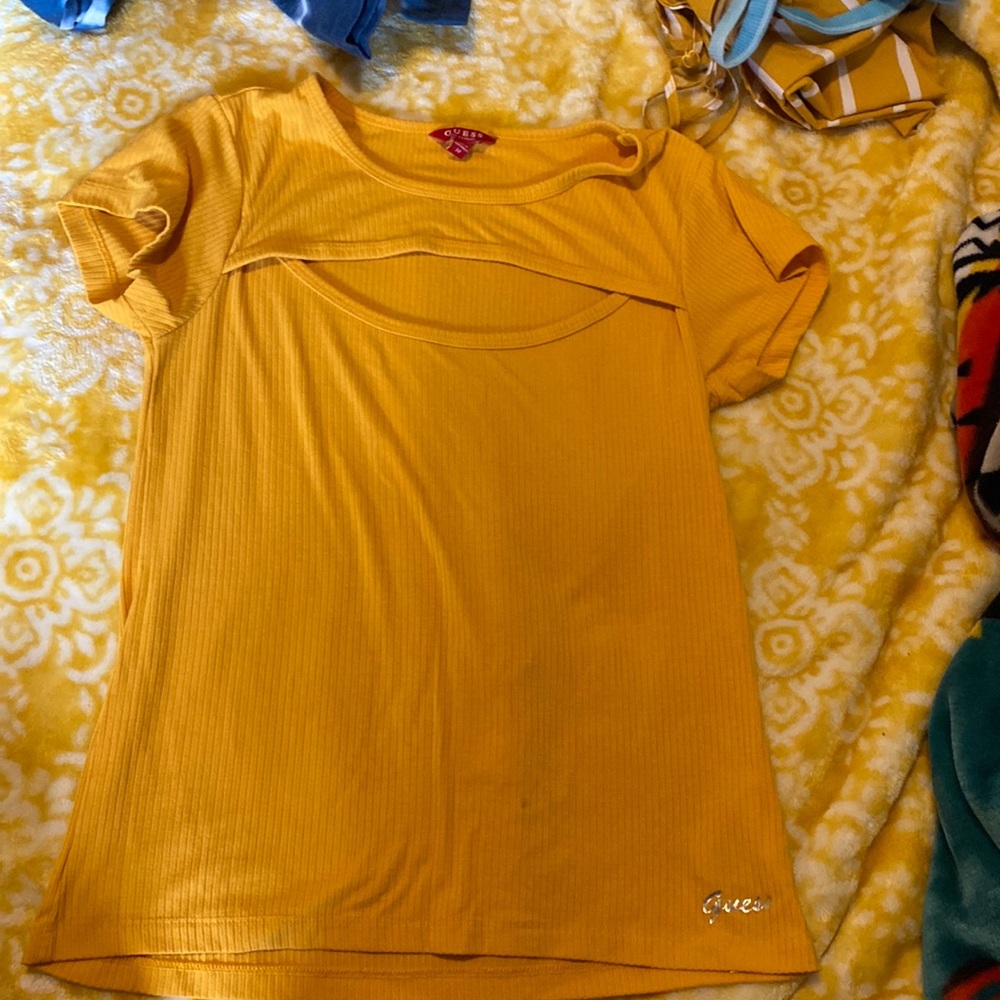 yellow Guess shirt with slit in front